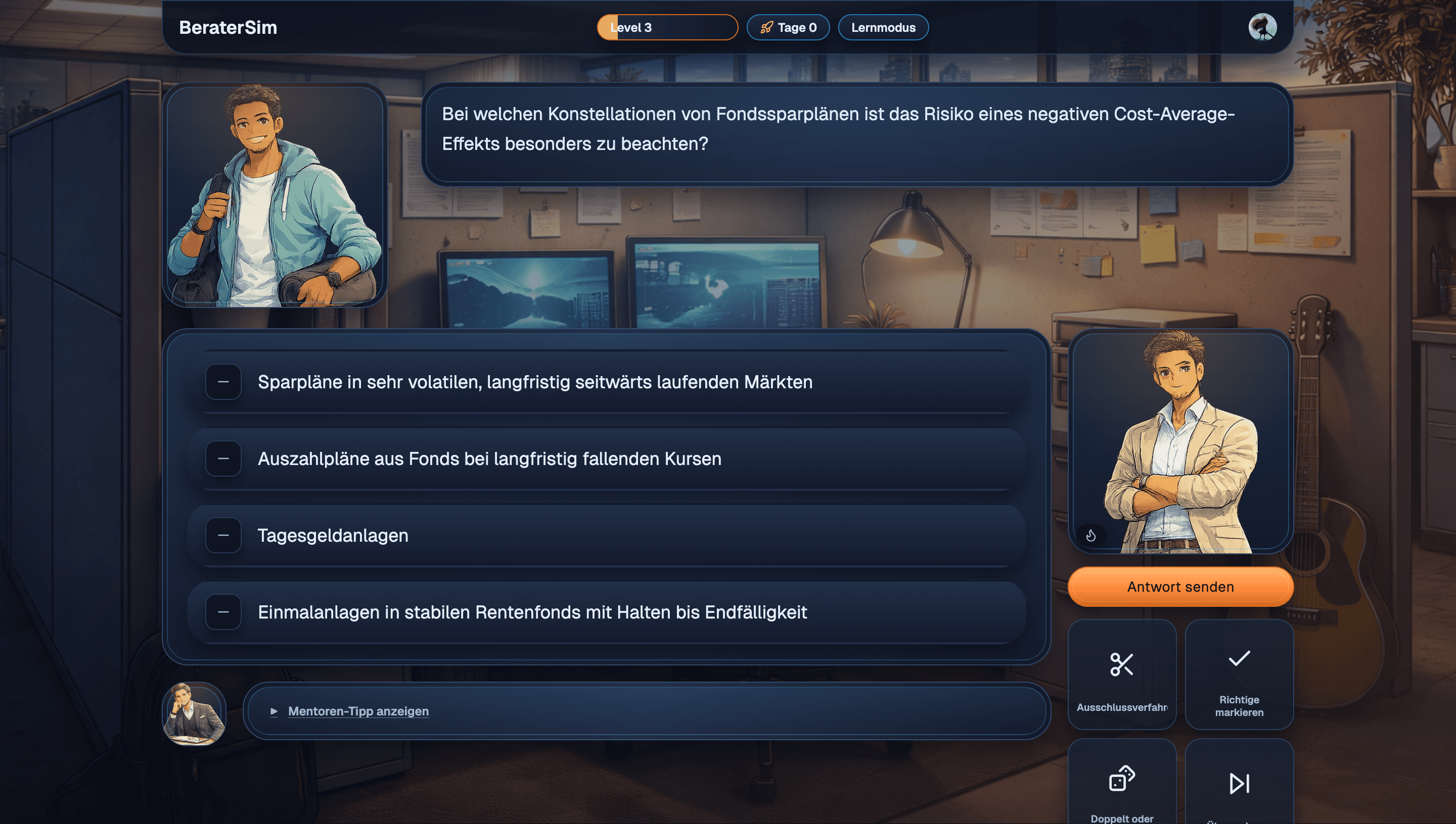 BeraterSim Lernstatus und Prüfungsmodus