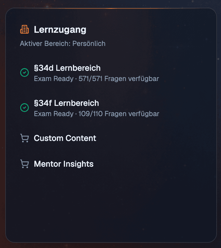 Der Zugriffsindikator zeigt, welche Lernbereiche und Funktionen aktuell für deinen Account aktiv sind