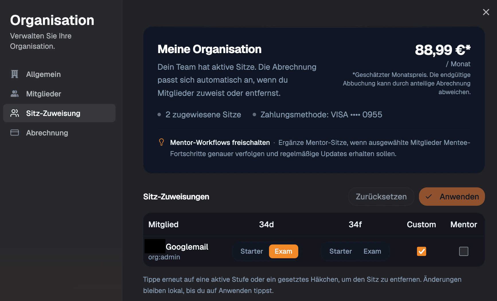 In der Sitzverwaltung weist du Lernbereiche und Feature-Sitze pro Mitglied gezielt zu