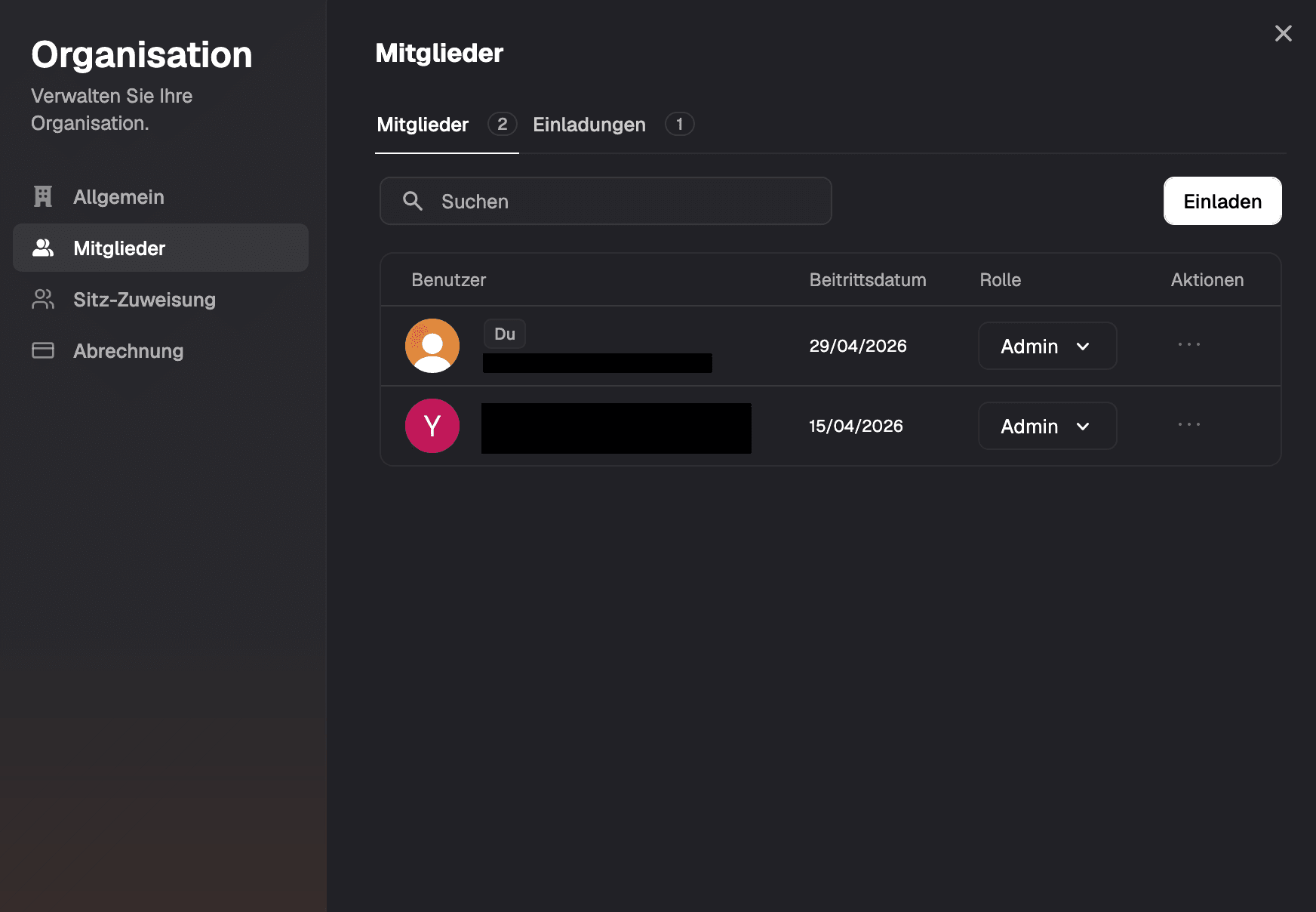 Die Mitgliederübersicht zeigt alle Personen deiner Organisation und führt zur Sitzverwaltung
