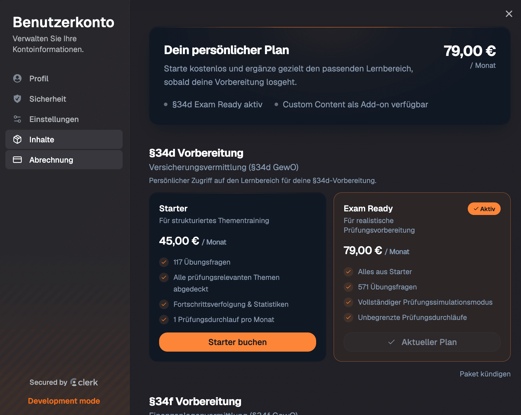 Im Kaufbereich wählst du das passende persönliche Paket aus und startest die Buchung oder ein Upgrade